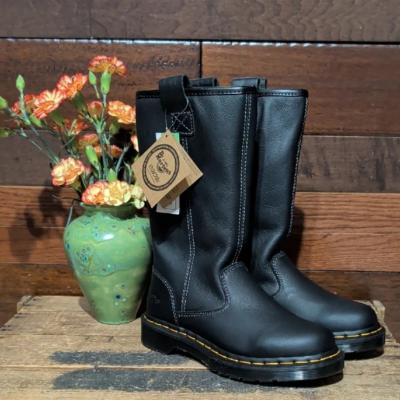 NWT Dr. Martens Black Leather Boots with Gold Stitching - Picture 1 of 10